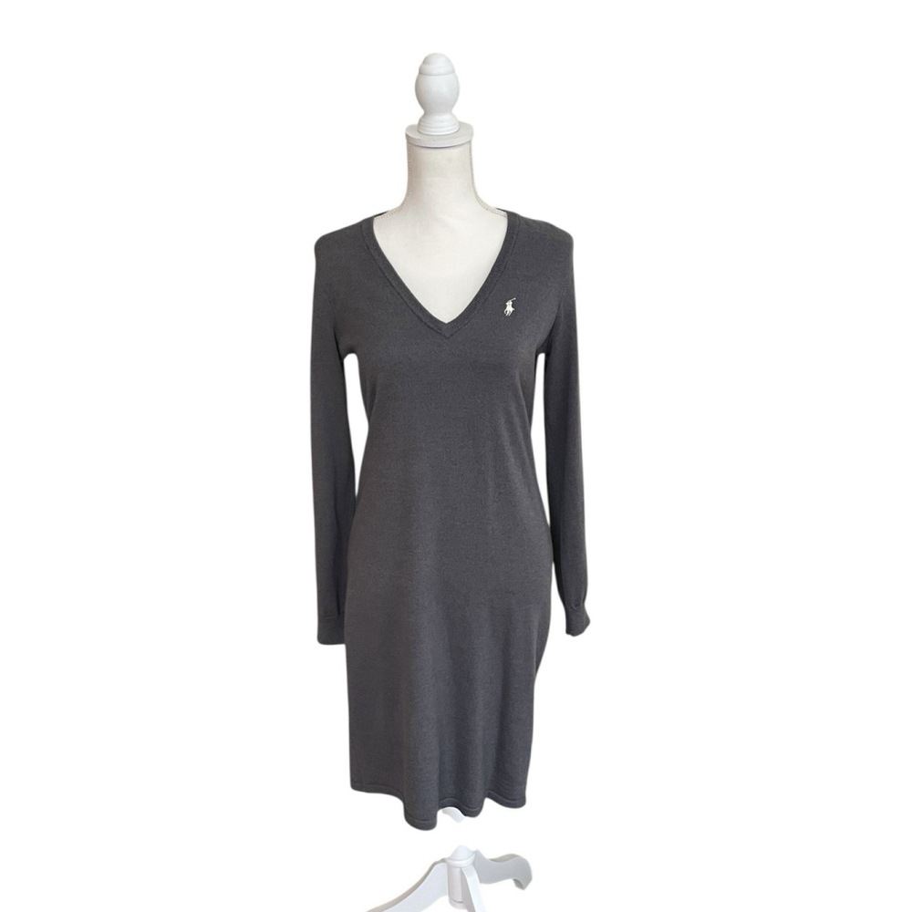 Ralph Lauren Womens Sweater Dress Gray Merino Wool Cotton Knit Med V-Neck